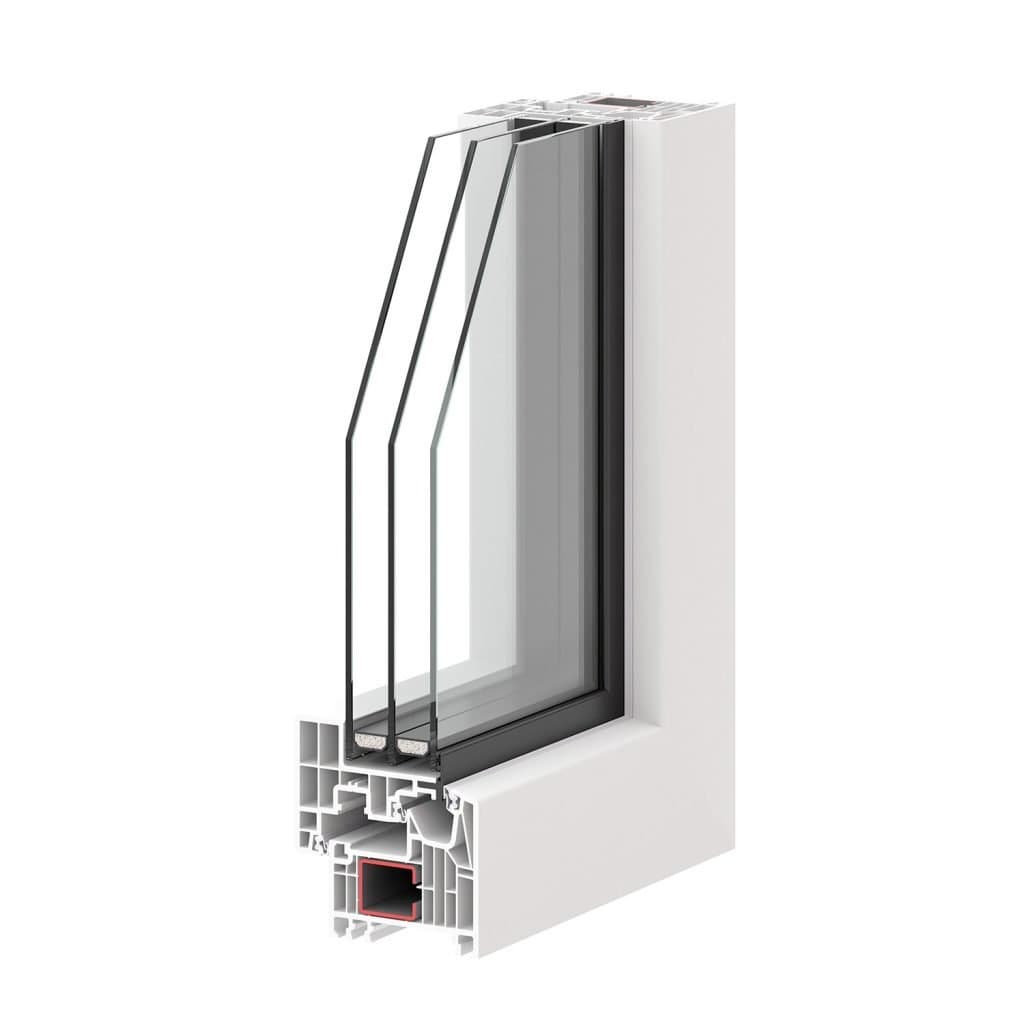 Sección transversal del perfil RE70PVCI30 con triple vidrio y 7 cámaras